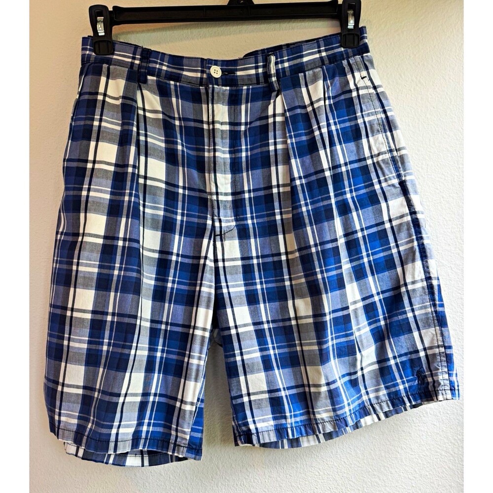 Polo by Ralph Lauren Men's Blue/White Plaid Pleated Chino Shorts 34 Cotton